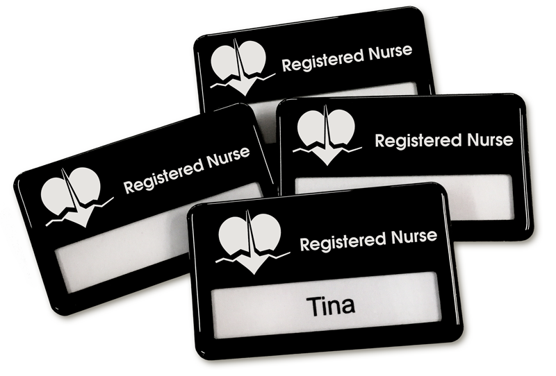A group of reuseable name badges for registered nurses